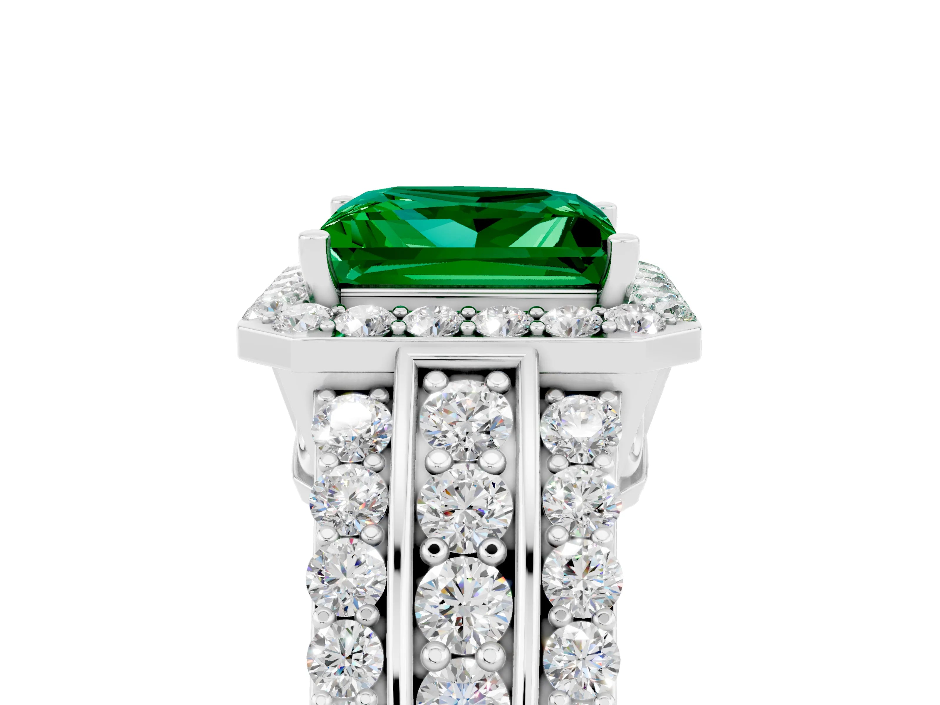 White gold Princess Cut Halo Emerald Ring with Split Shank and Four-Prong Setting_5