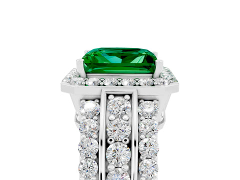 White gold Princess Cut Halo Emerald Ring with Split Shank and Four-Prong Setting_5