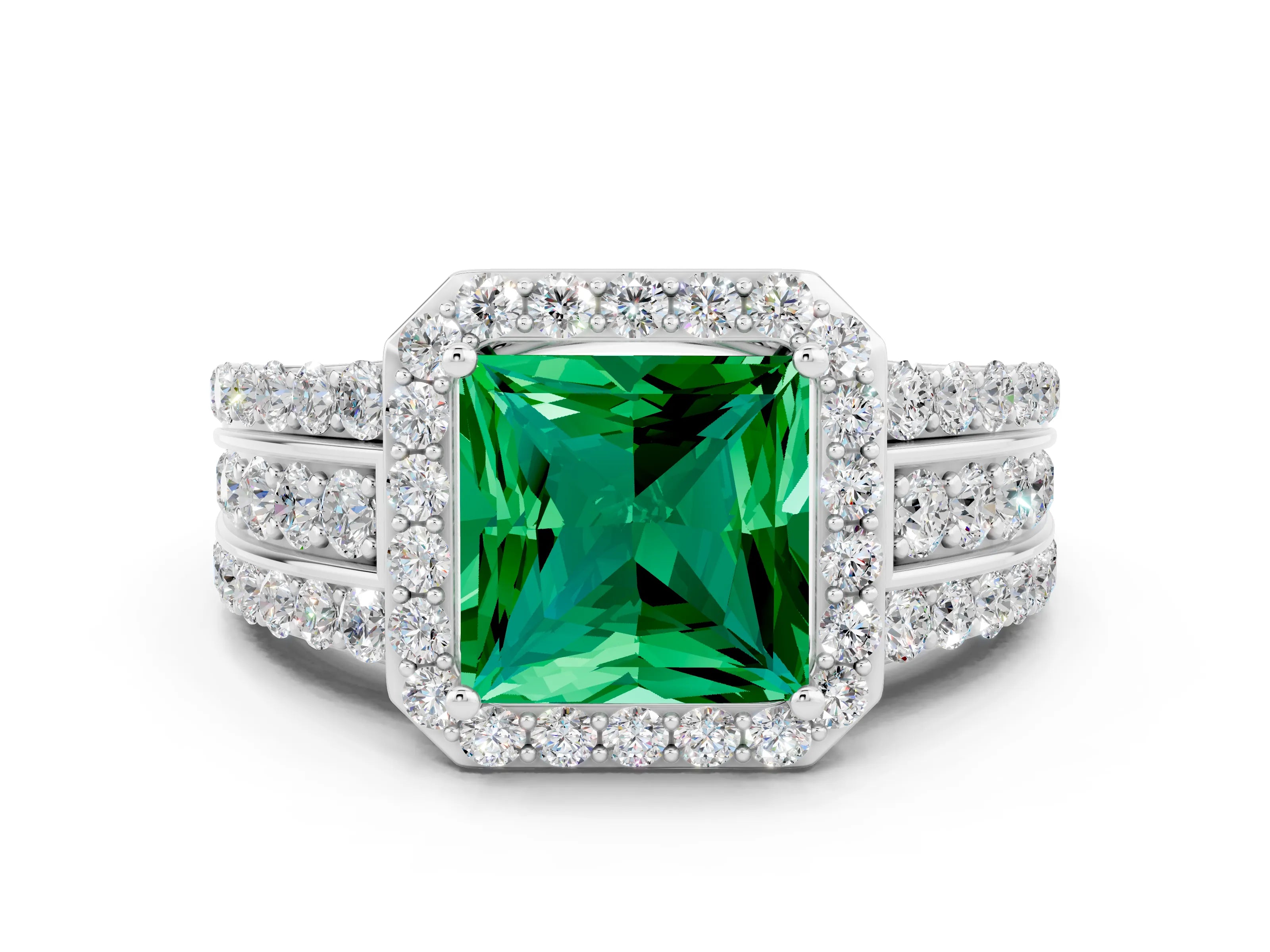 White gold Princess Cut Halo Emerald Ring with Split Shank and Four-Prong Setting