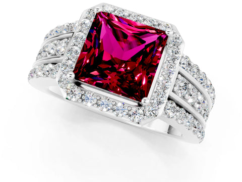 White gold Princess Cut Halo Garnet Ring with Split Shank and Four-Prong Setting_1
