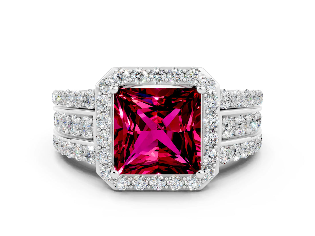 White gold Princess Cut Halo Garnet Ring with Split Shank and Four-Prong Setting