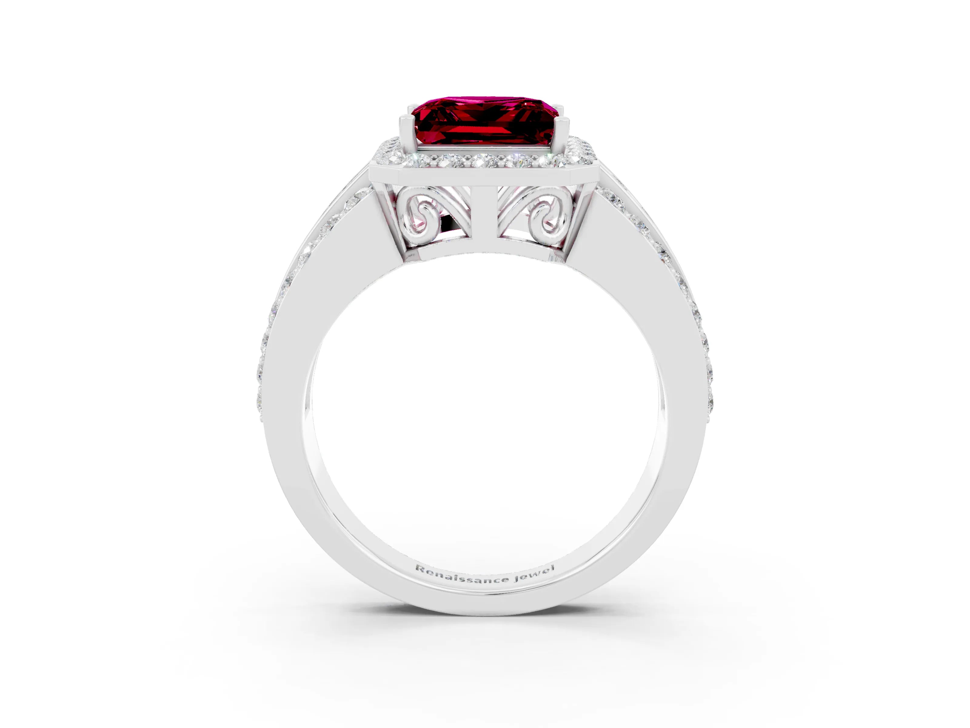 White gold Princess Cut Halo Garnet Ring with Split Shank and Four-Prong Setting_3
