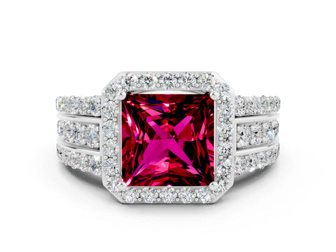White gold Princess Cut Halo Garnet Ring with Split Shank and Four-Prong Setting