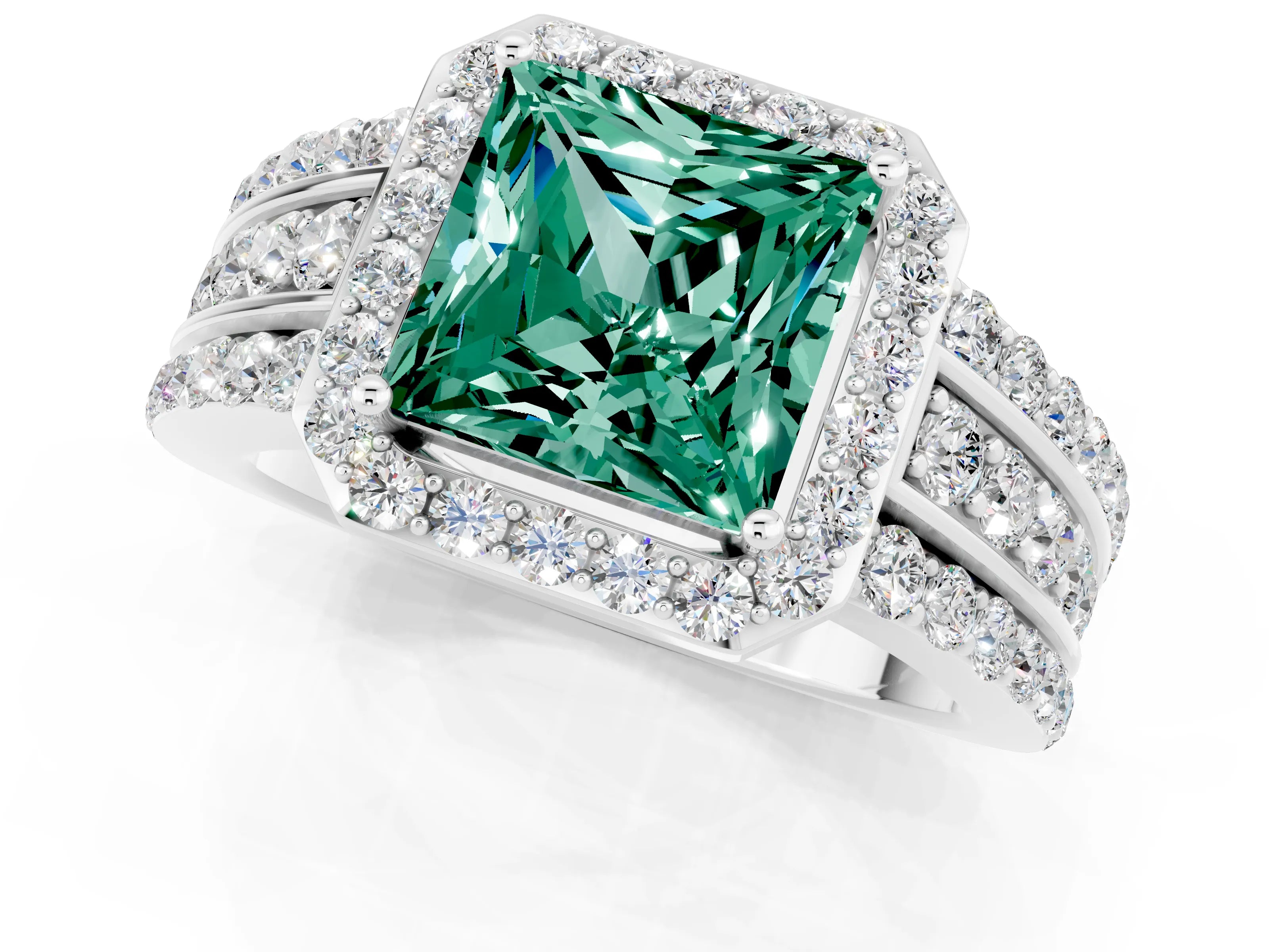 White gold Princess Cut Halo Green Sapphire Ring with Split Shank and Four-Prong Setting_1