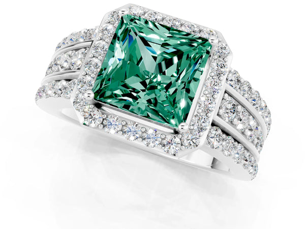 Silver Princess Cut Halo Green Sapphire Ring with Round  Split Shank and Prong Setting