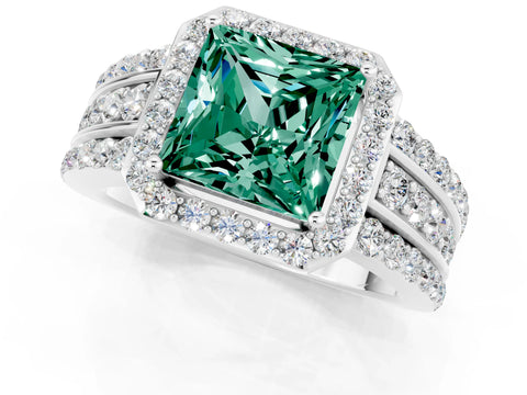 White gold Princess Cut Halo Green Sapphire Ring with Split Shank and Four-Prong Setting_1
