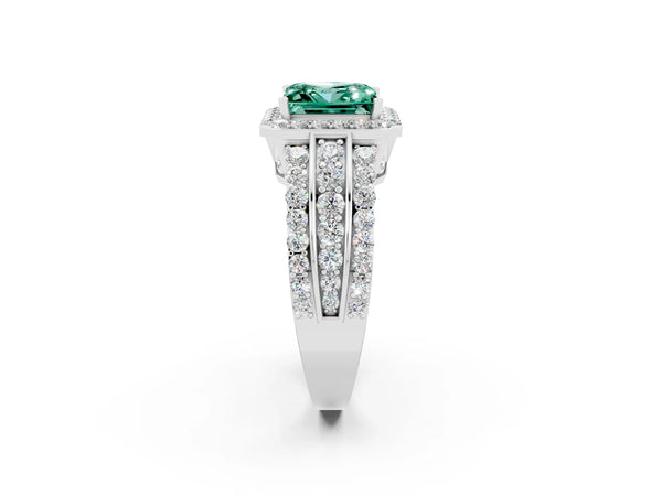 White gold Princess Cut Halo Green Sapphire Ring with Round  Split Shank and Prong Setting