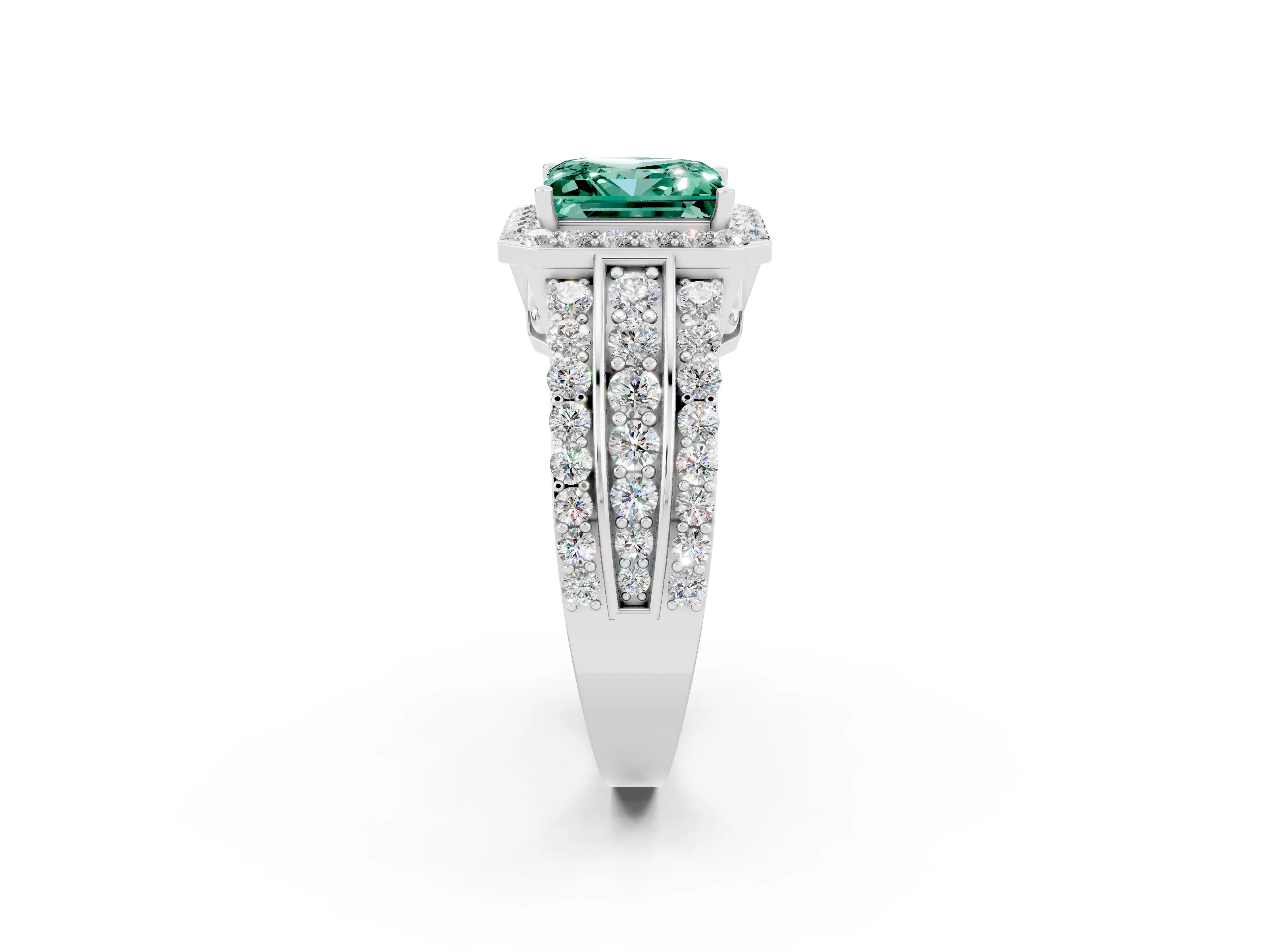 White gold Princess Cut Halo Green Sapphire Ring with Split Shank and Four-Prong Setting_2