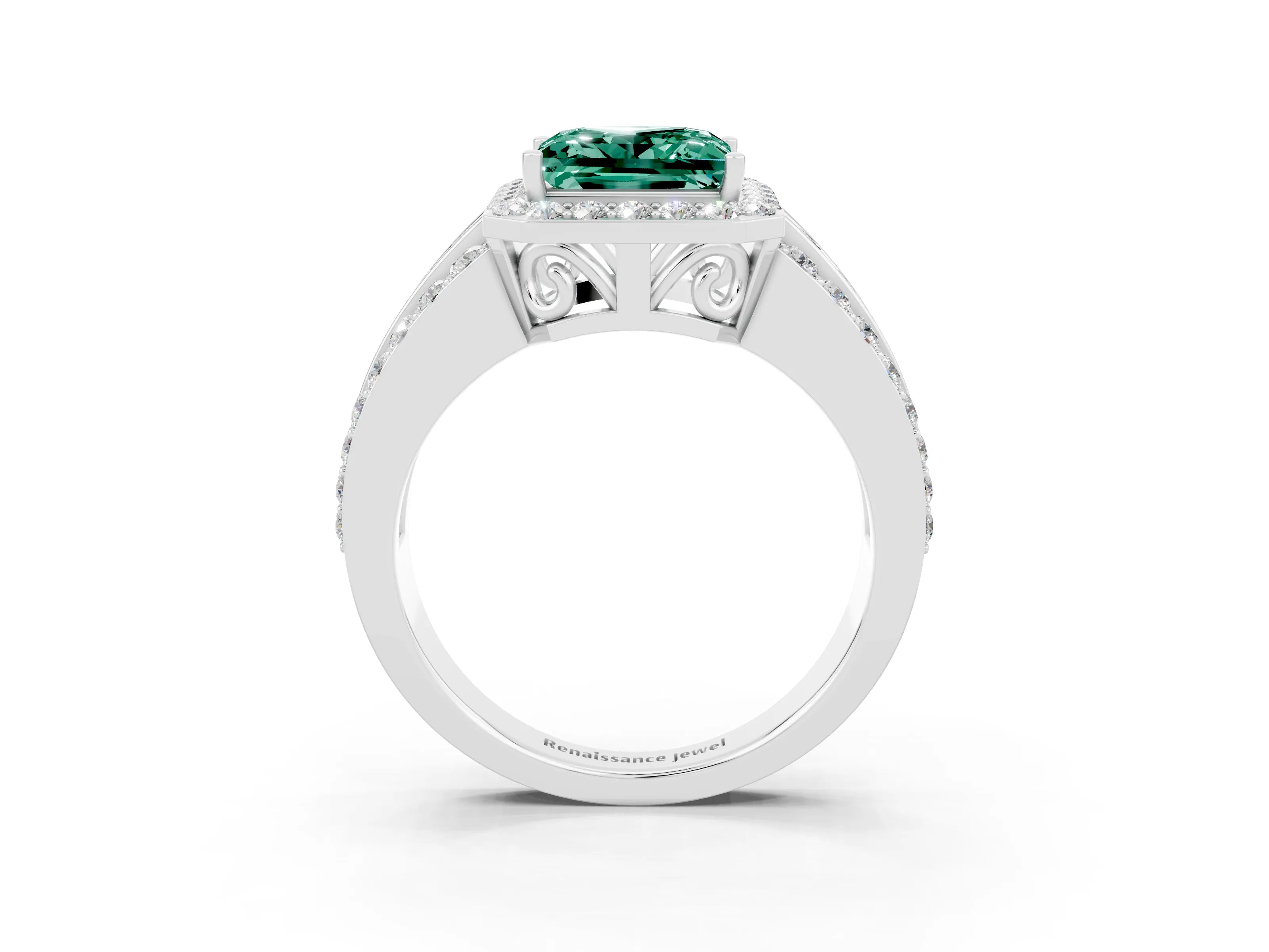White gold Princess Cut Halo Green Sapphire Ring with Split Shank and Four-Prong Setting_3