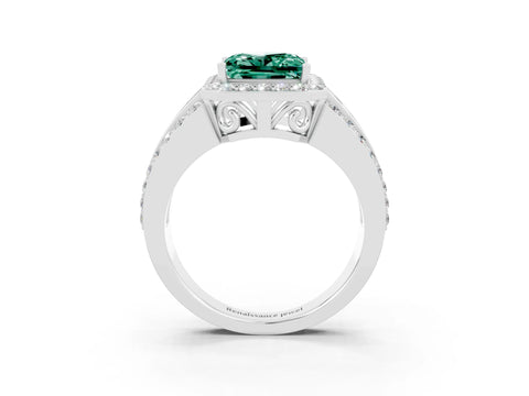 White gold Princess Cut Halo Green Sapphire Ring with Split Shank and Four-Prong Setting_3