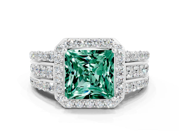 White gold Princess Cut Halo Green Sapphire Ring with Round  Split Shank and Prong Setting