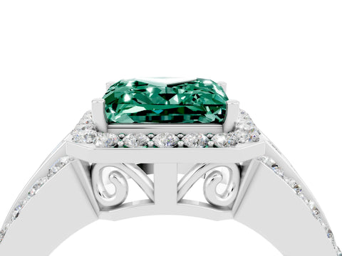 White gold Princess Cut Halo Green Sapphire Ring with Split Shank and Four-Prong Setting_4