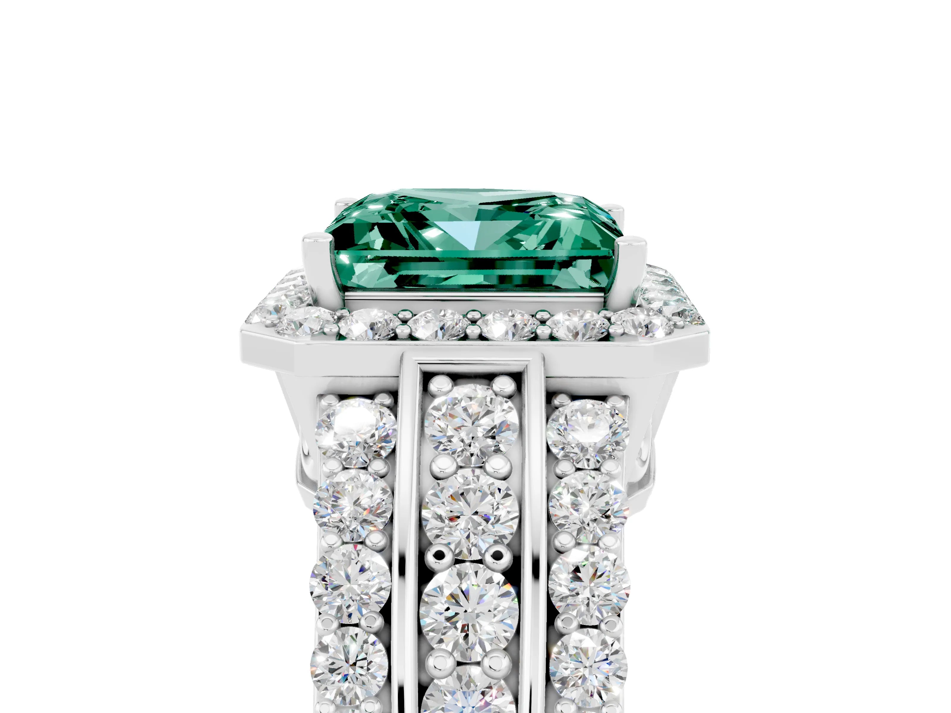 White gold Princess Cut Halo Green Sapphire Ring with Split Shank and Four-Prong Setting_5