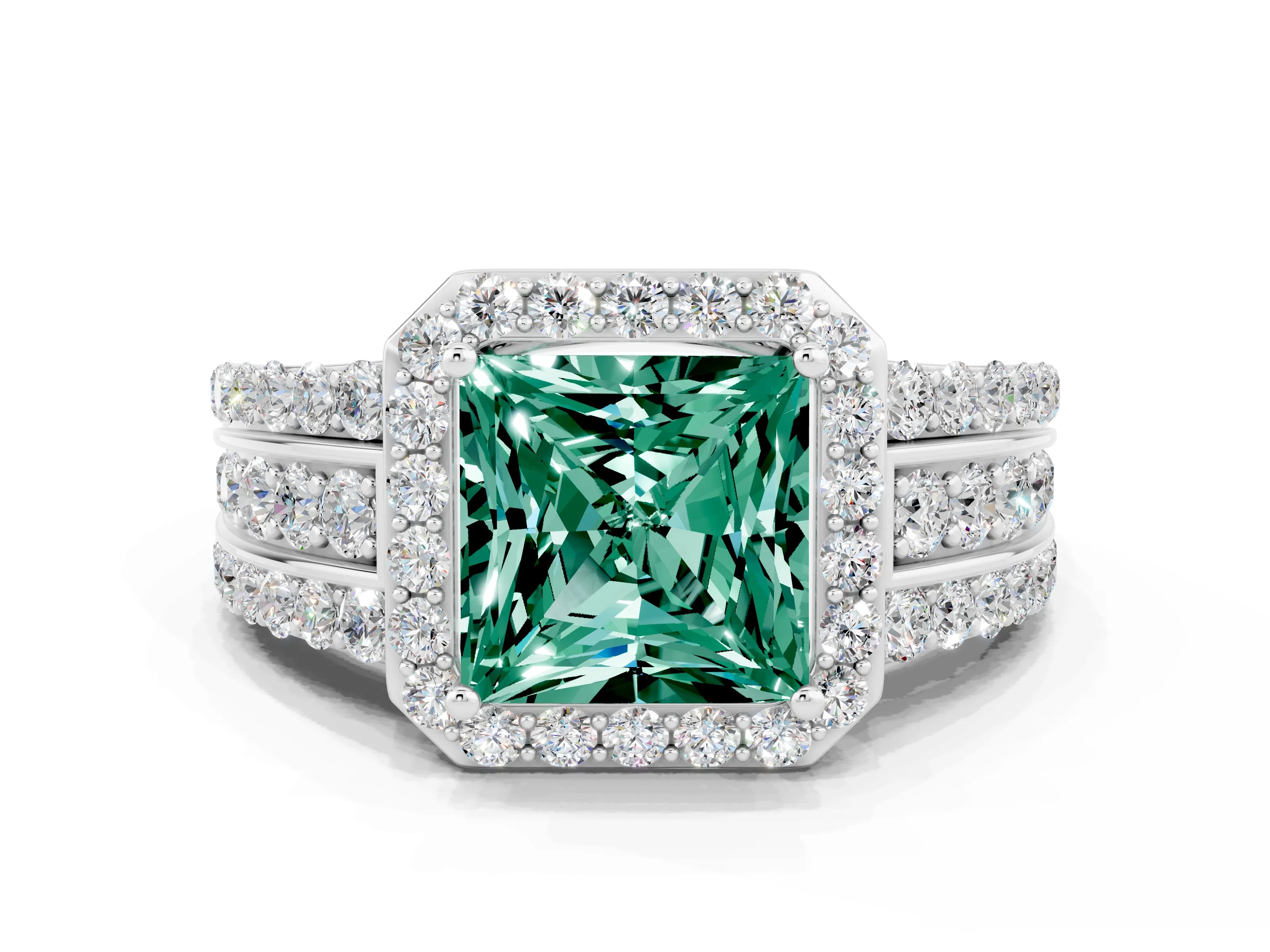 White gold Princess Cut Halo Green Sapphire Ring with Split Shank and Four-Prong Setting