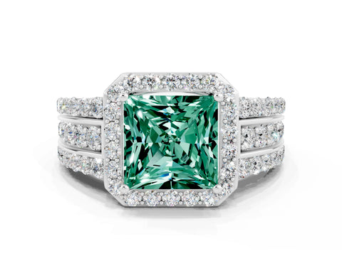 White gold Princess Cut Halo Green Sapphire Ring with Split Shank and Four-Prong Setting