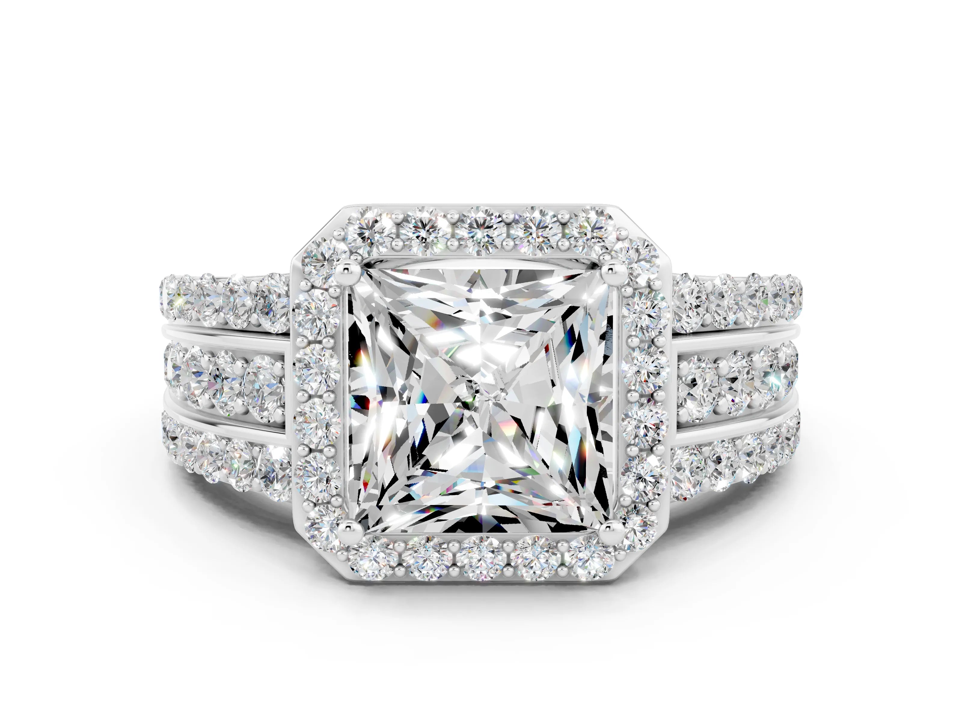 White gold Princess Cut Halo Moissanite Ring with Split Shank and Four-Prong Setting