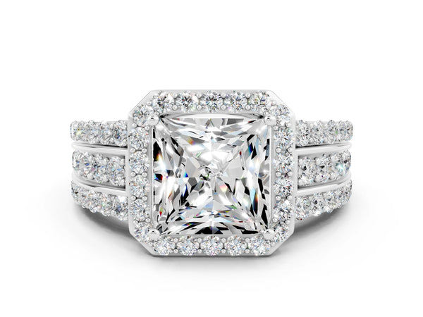 Platinum Princess Cut Halo Moissanite Ring with Round  Split Shank and Prong Setting