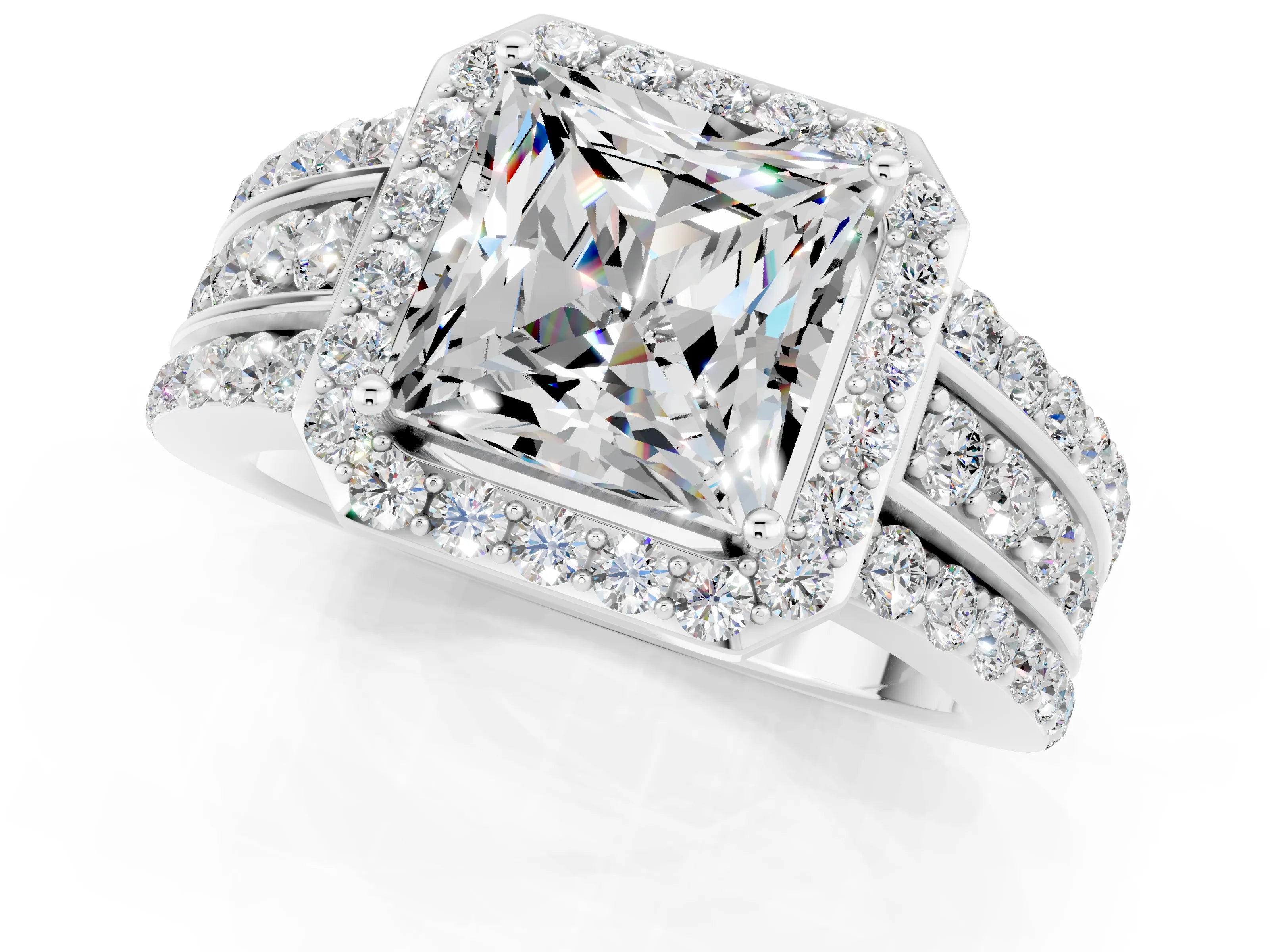 White gold Princess Cut Halo Moissanite Ring with Split Shank and Four-Prong Setting_1