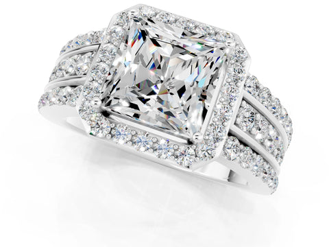 White gold Princess Cut Halo Moissanite Ring with Split Shank and Four-Prong Setting_1