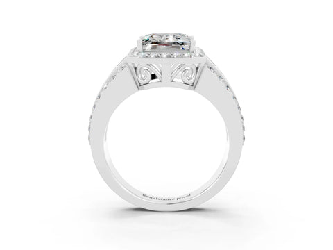 White gold Princess Cut Halo Moissanite Ring with Split Shank and Four-Prong Setting_3