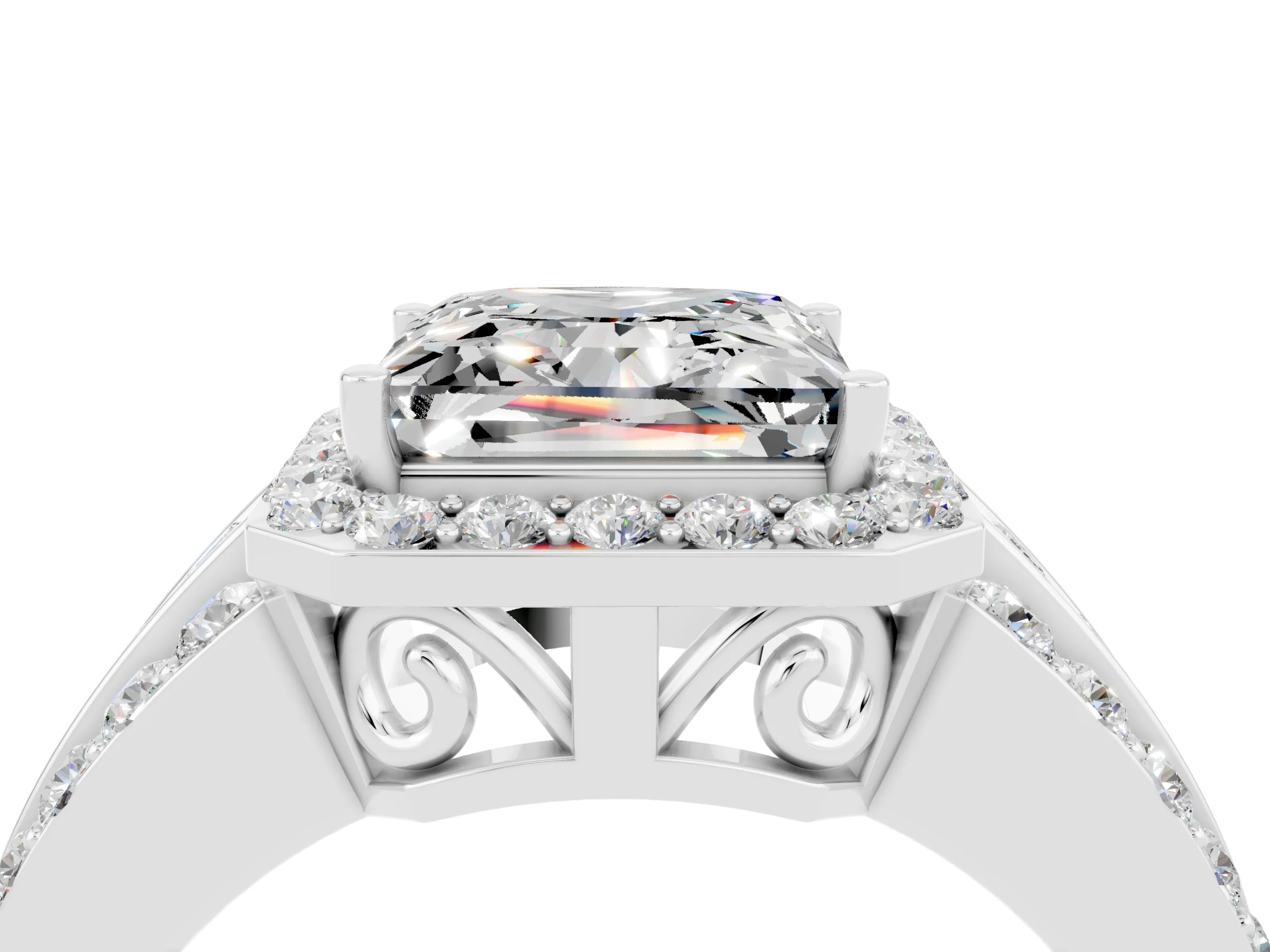 White gold Princess Cut Halo Moissanite Ring with Split Shank and Four-Prong Setting_4