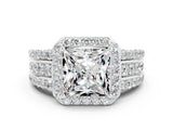 White gold Princess Cut Halo Moissanite Ring with Split Shank and Four-Prong Setting