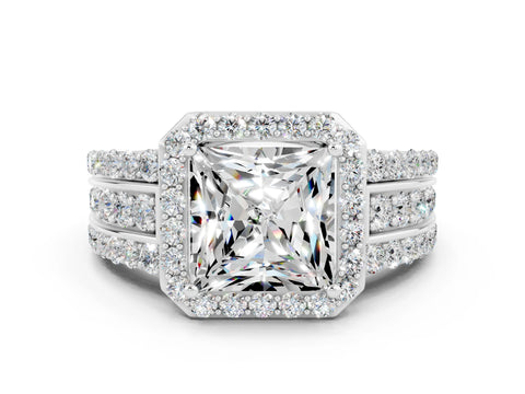 White gold Princess Cut Halo Moissanite Ring with Split Shank and Four-Prong Setting