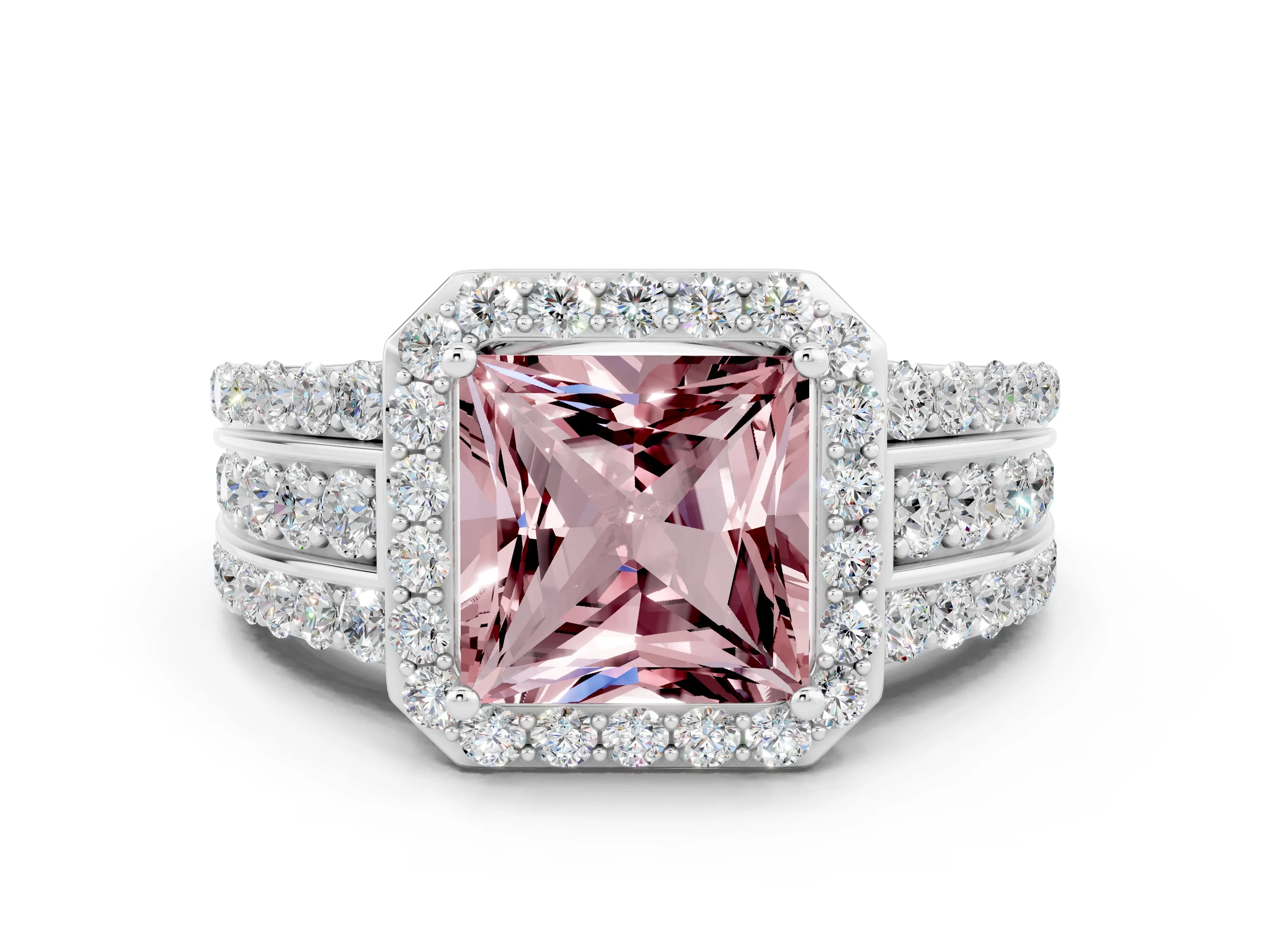 White gold Princess Cut Halo Morganite Ring with Split Shank and Four-Prong Setting