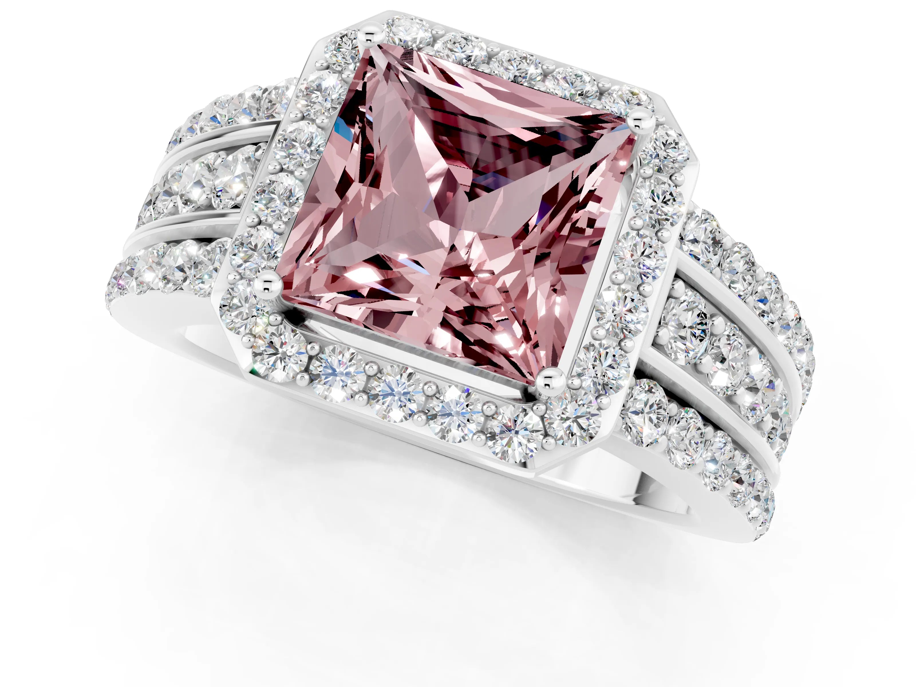White gold Princess Cut Halo Morganite Ring with Split Shank and Four-Prong Setting_1