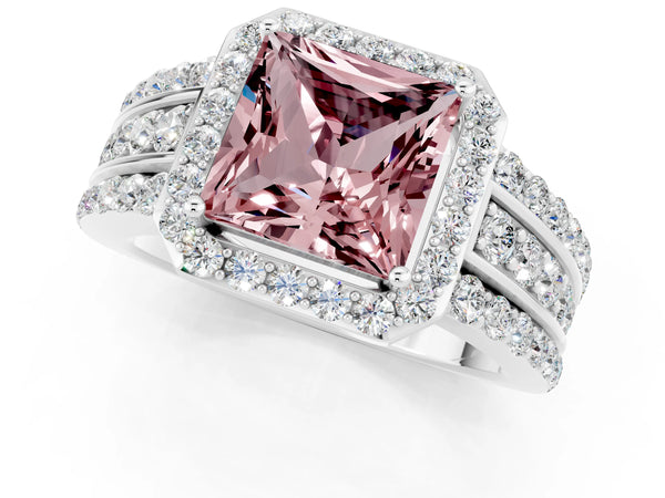 Platinum Princess Cut Halo Morganite Ring with Round  Split Shank and Prong Setting