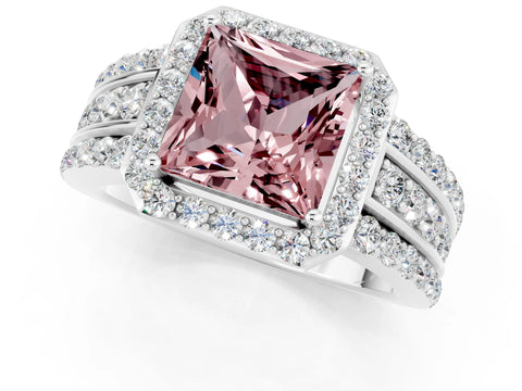 White gold Princess Cut Halo Morganite Ring with Split Shank and Four-Prong Setting_1