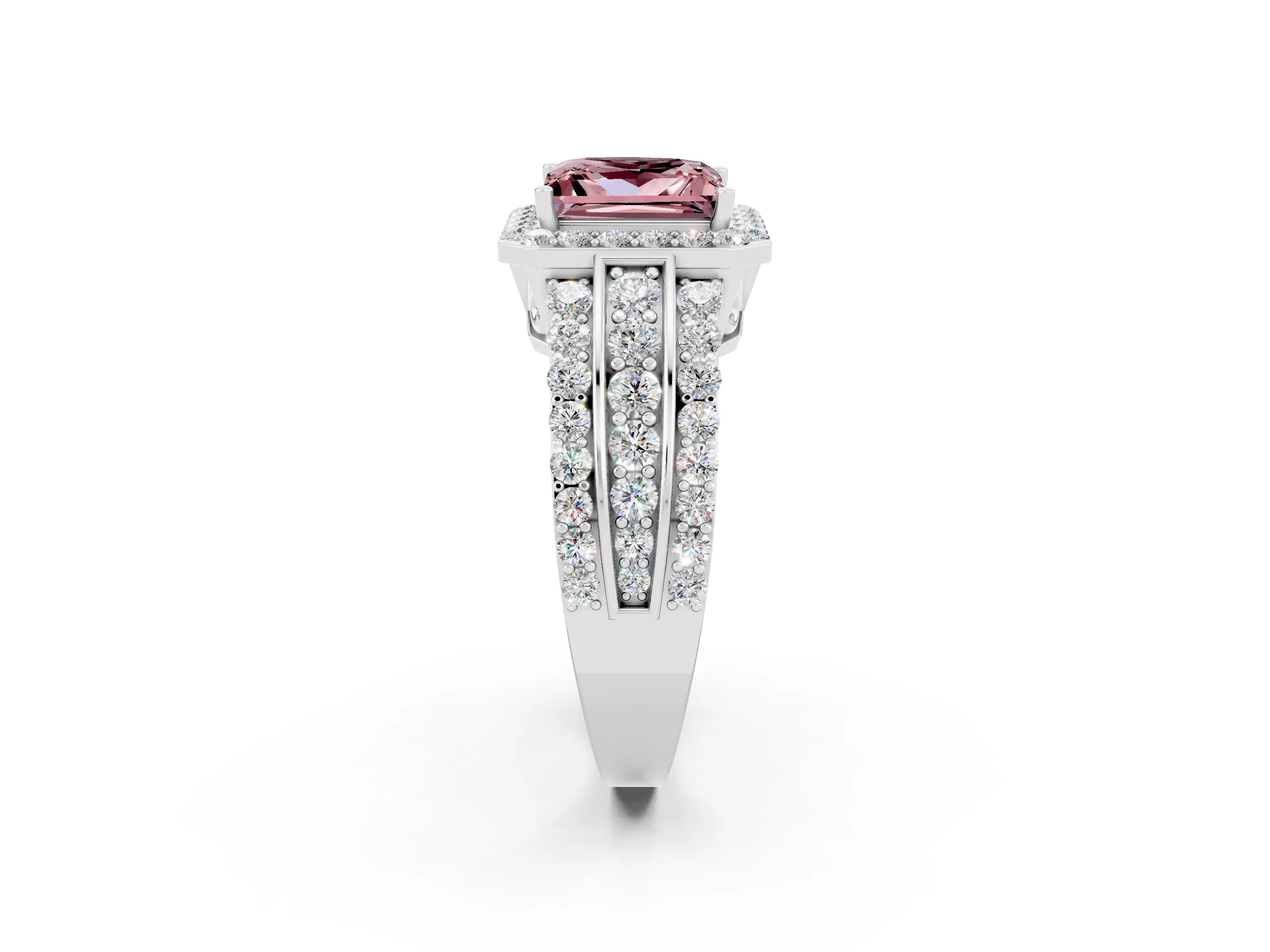 White gold Princess Cut Halo Morganite Ring with Split Shank and Four-Prong Setting_2