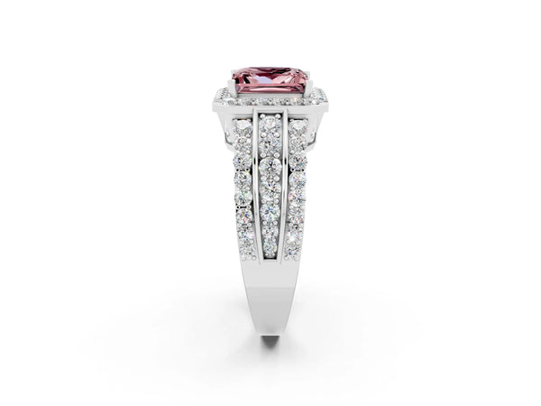 Platinum Princess Cut Halo Morganite Ring with Round  Split Shank and Prong Setting