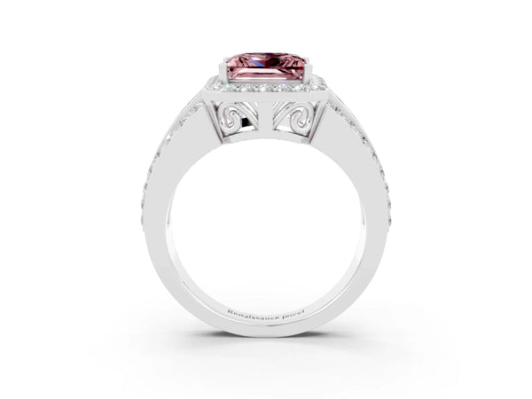 White gold Princess Cut Halo Morganite Ring with Round  Split Shank and Prong Setting