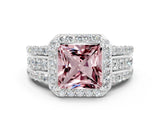 White gold Princess Cut Halo Morganite Ring with Split Shank and Four-Prong Setting
