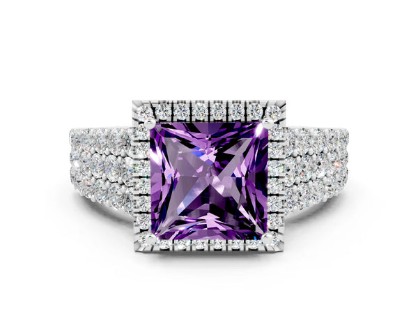 Platinum Princess Cut Amethyst Halo Engagement Ring with Triple Row Round Pavé Band and Prong Setting
