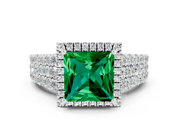 Platinum Princess Cut Emerald Halo Engagement Ring with Triple Row Round Pavé Band and Prong Setting