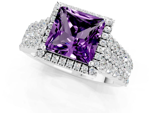 Platinum Princess Cut Amethyst Halo Engagement Ring with Triple Row Round Pavé Band and Prong Setting