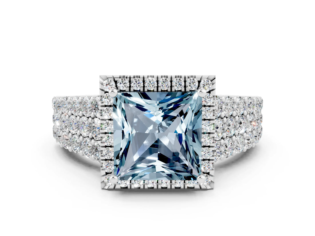 White gold Princess Cut Halo Pavé Diamond Engagement Ring with Split Shank and Four-Prong Setting