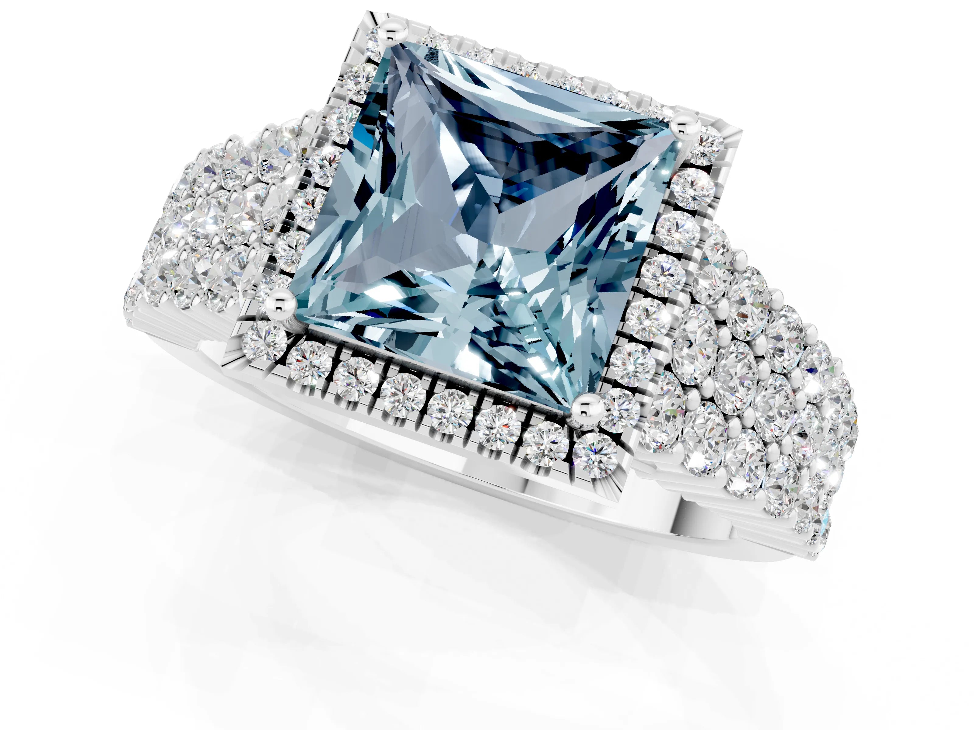 White gold Princess Cut Halo Pavé Diamond Engagement Ring with Split Shank and Four-Prong Setting_1