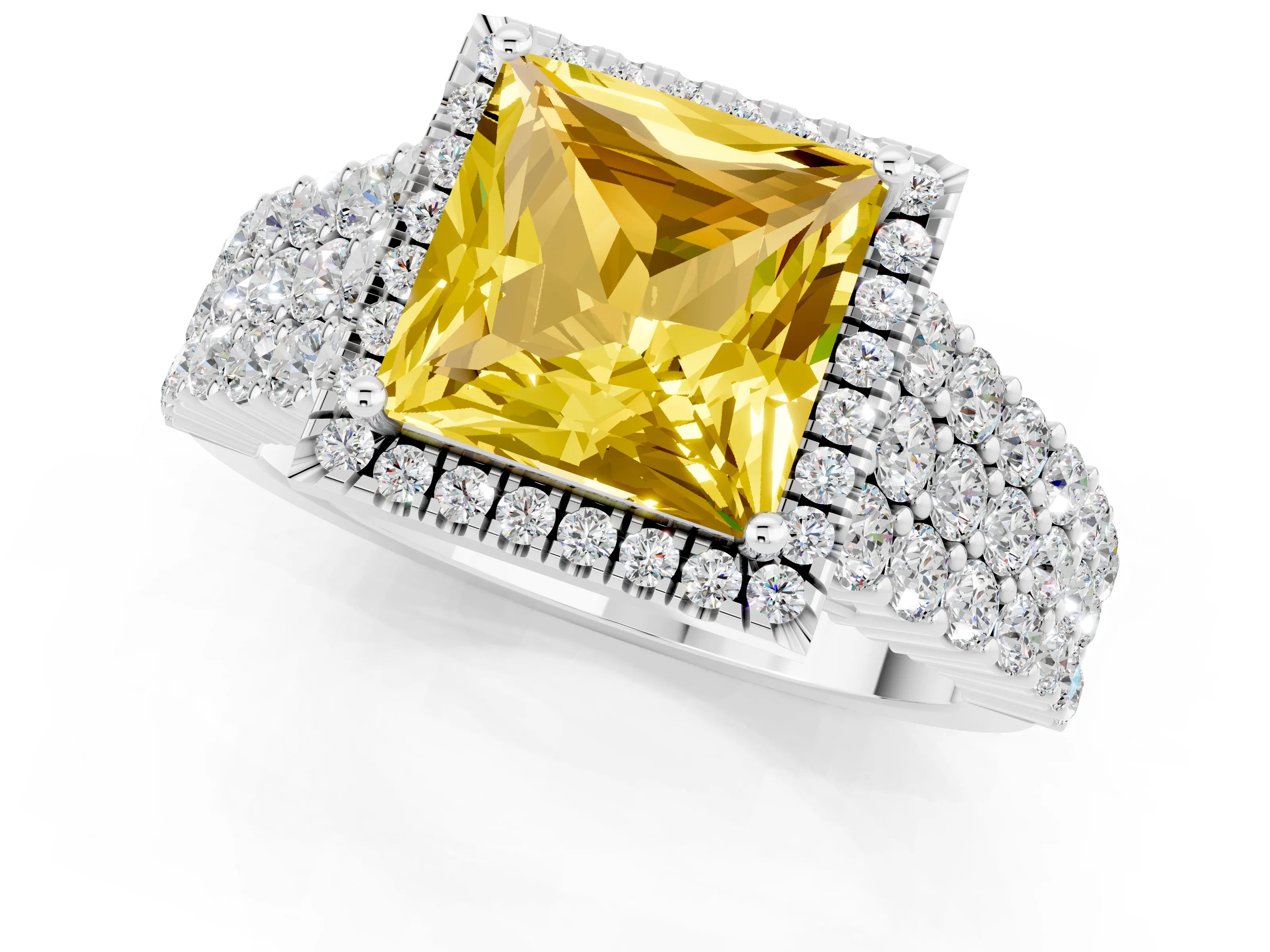 White gold Princess Cut Halo Pavé Diamond Engagement Ring with Split Shank and Four-Prong Setting_1
