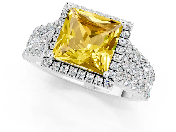Platinum Princess Cut Yellow Sapphire Halo Engagement Ring with Triple Row Round Pavé Band and Prong Setting