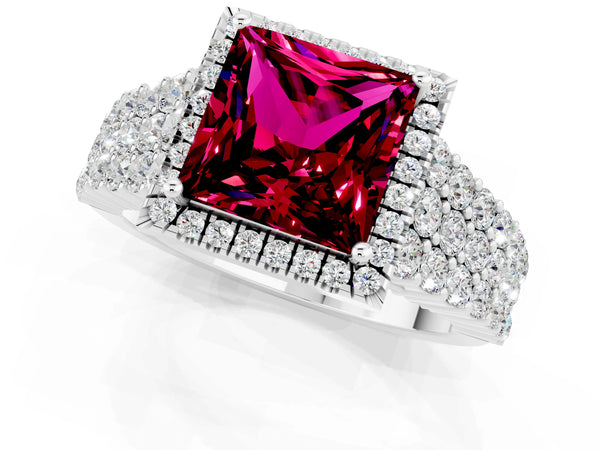 Platinum Princess Cut Garnet Halo Engagement Ring with Triple Row Round Pavé Band and Prong Setting