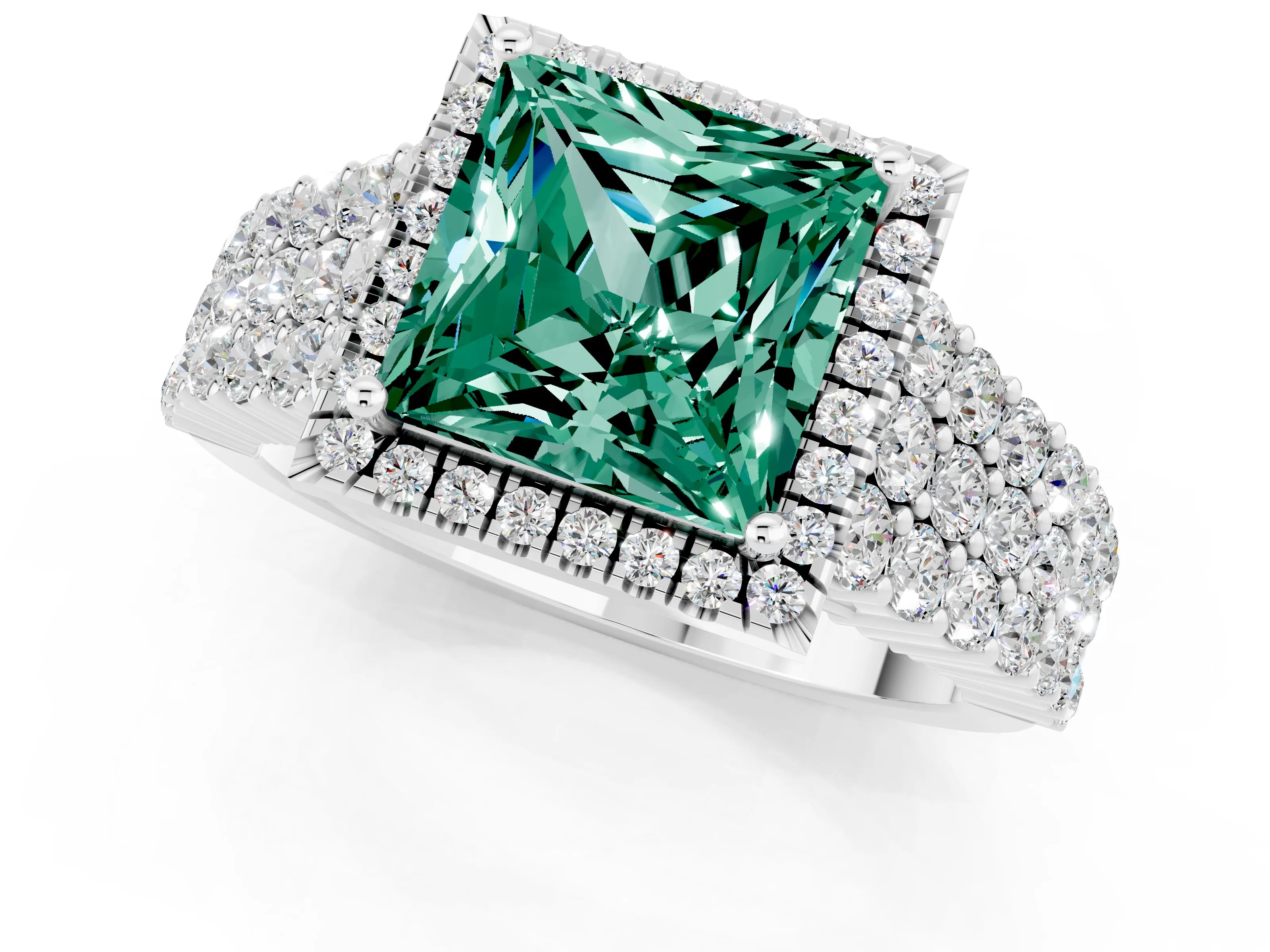 White gold Princess Cut Halo Pavé Diamond Engagement Ring with Split Shank and Four-Prong Setting_1