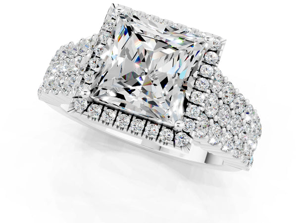 White gold Princess Cut Moissanite Halo Engagement Ring with Triple Row Round Pavé Band and Prong Setting