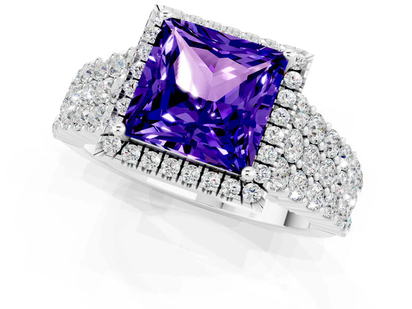 White gold Princess Cut Tanzanite Halo Engagement Ring with Triple Row Round Pavé Band and Prong Setting