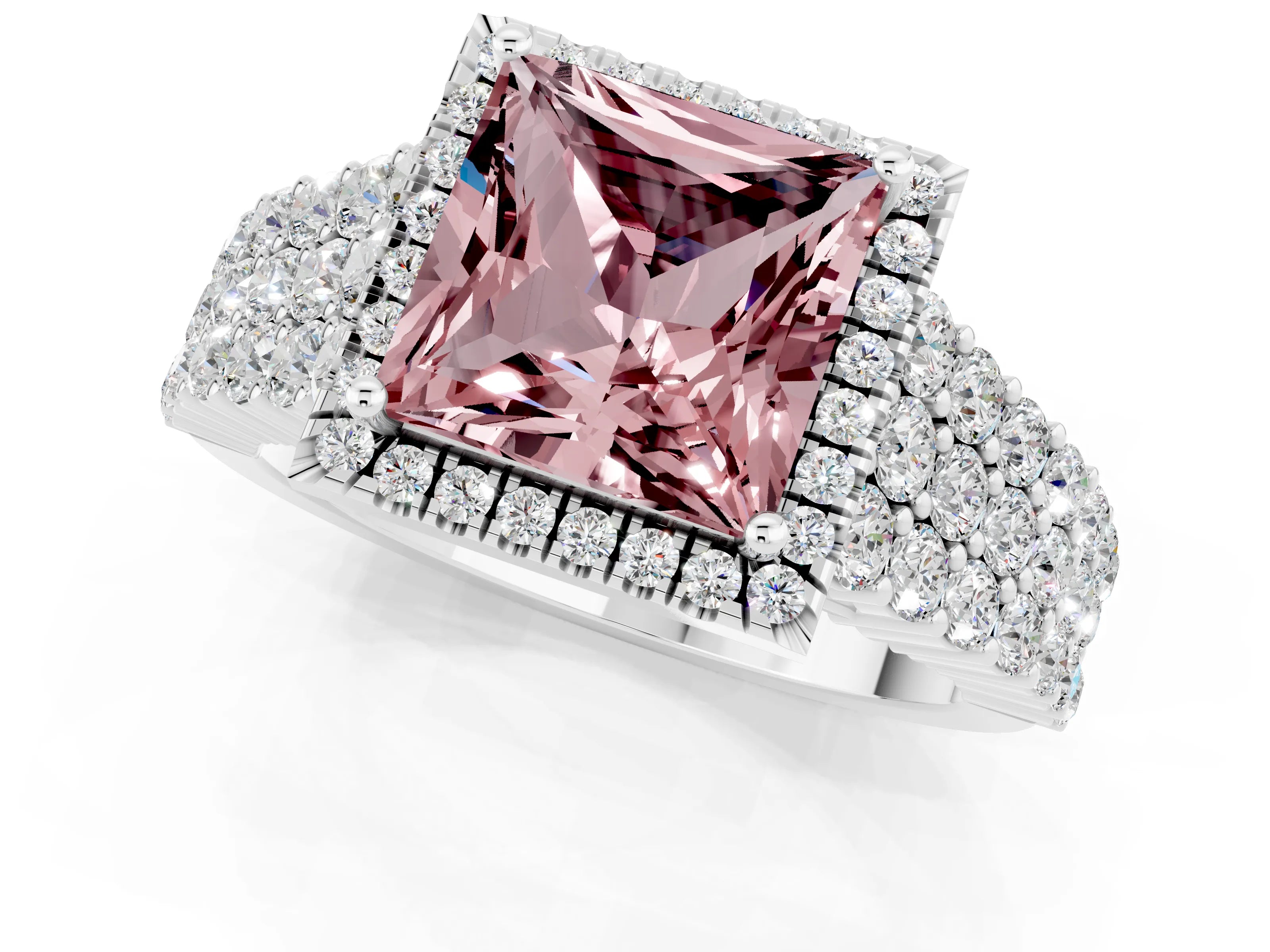 White gold Princess Cut Halo Pavé Diamond Engagement Ring with Split Shank and Four-Prong Setting_1