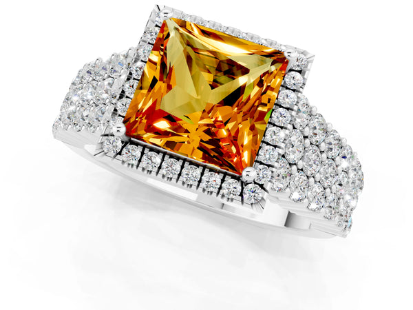 Platinum Princess Cut Citrine Halo Engagement Ring with Triple Row Round Pavé Band and Prong Setting