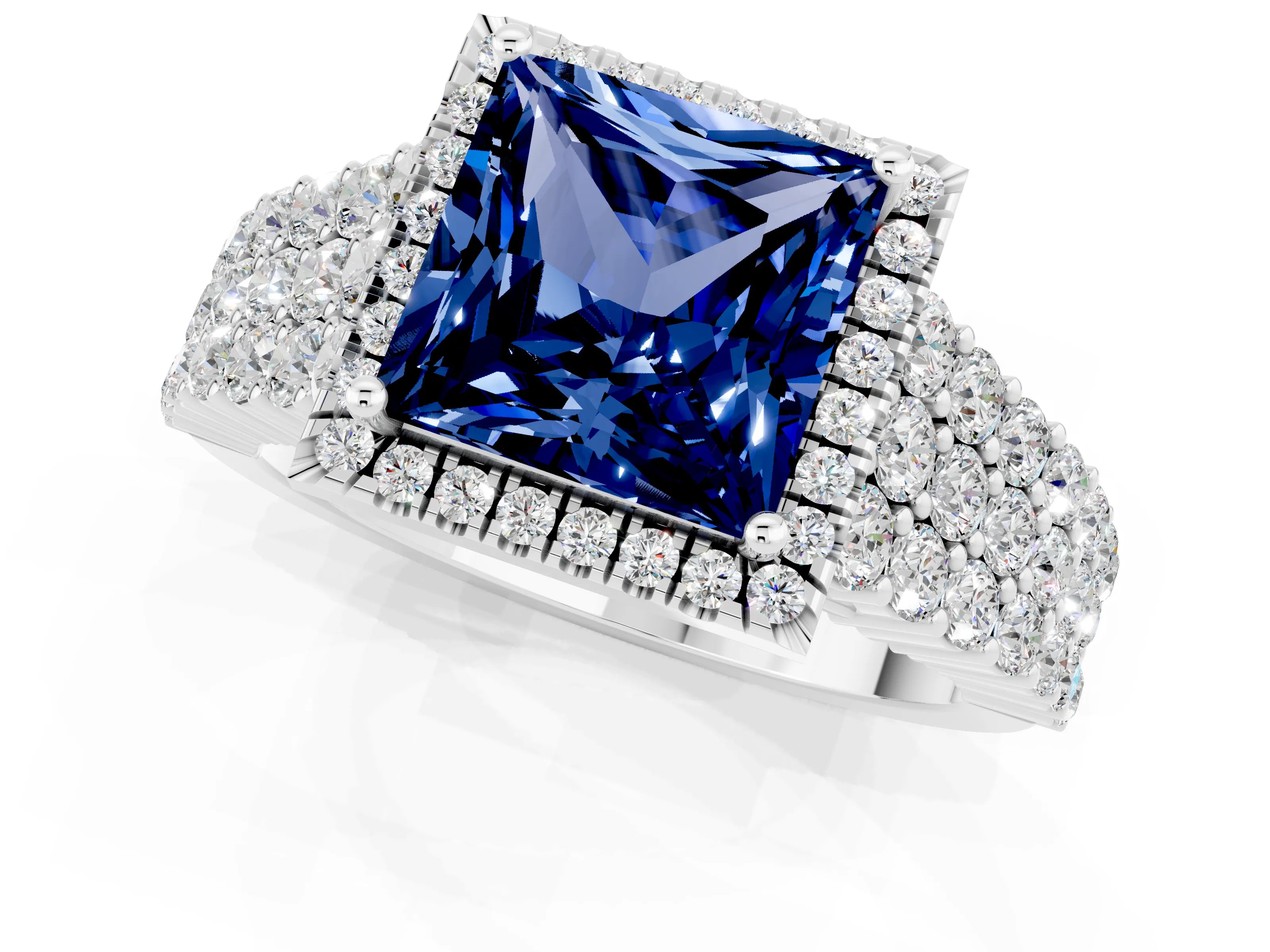 White gold Princess Cut Halo Pavé Diamond Engagement Ring with Split Shank and Four-Prong Setting_1