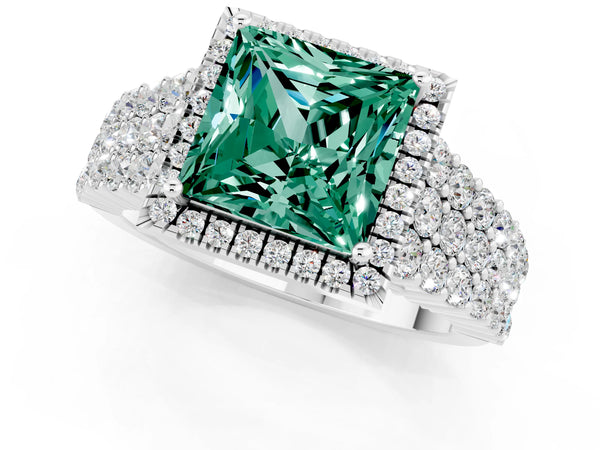 White gold Princess Cut Green Sapphire Halo Engagement Ring with Triple Row Round Pavé Band and Prong Setting